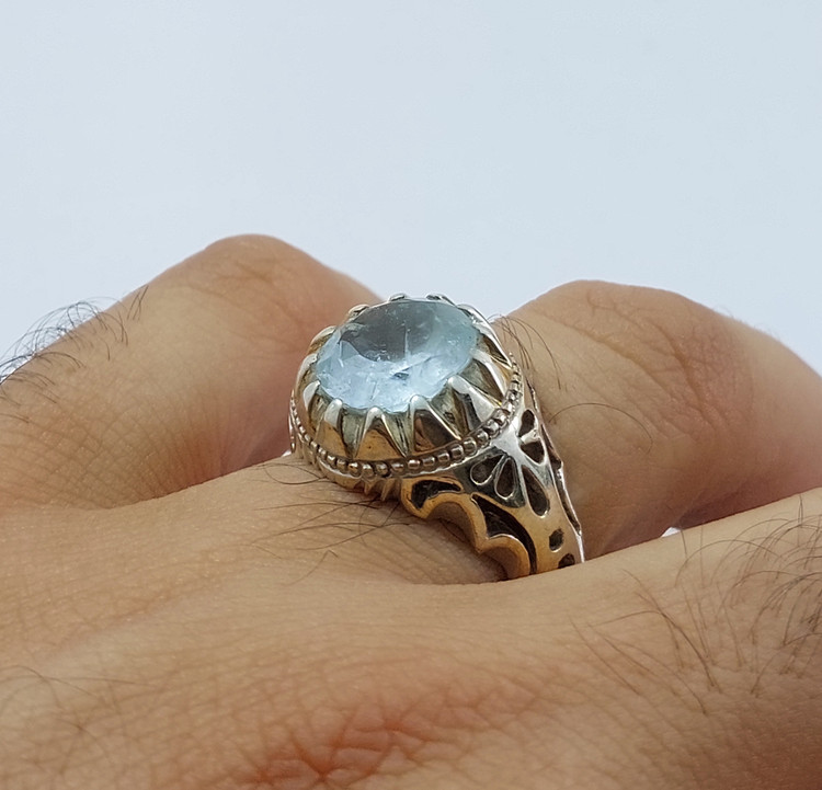 انگشتر نقره آکوامارین معدنی و طبیعی